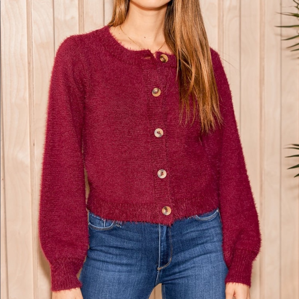 Lulu*s Bonjour to You Burgundy Eyelash Knit Cardigan Sweater
